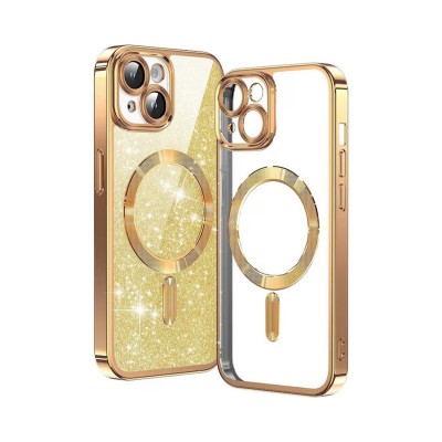 Husa iPhone 15, Crystal Glitter MagSafe cu Protectie La Camere, Gold